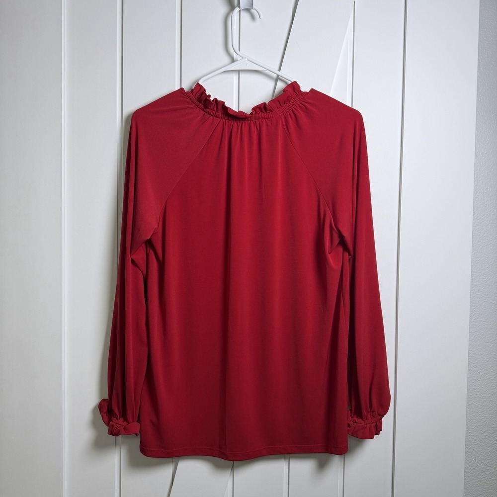 Michael Kors Red Blouse Size Small Ruffle V Neck Long Sleeve Romantic Classic - Picture 6 of 8